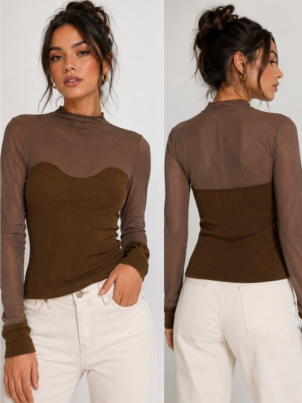 HYFVE Brown Mesh Long Sleeve Top Ribbed Contrast Sheer Mock Neck Y2K Small